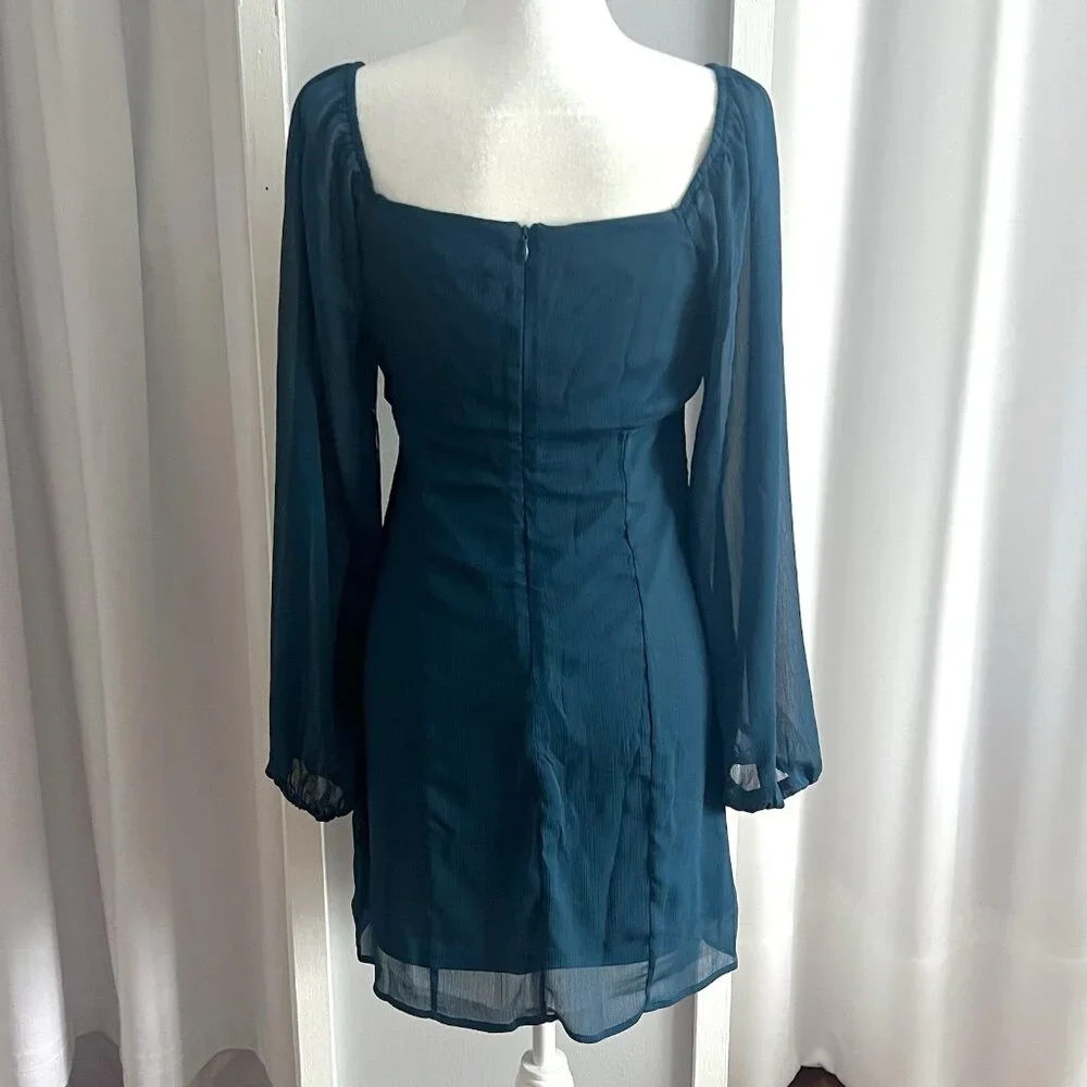NWT Altar'd State Teal Blue Sheer Sleeve Square Neck Mini Dress Womens sz M - Picture 3 of 5
